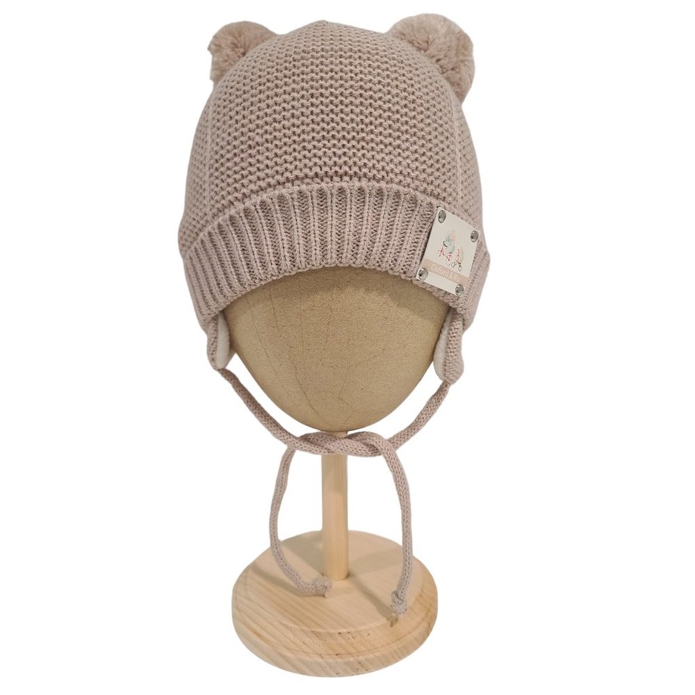Jak Knit Beanie Hat With PomPoms, Beige